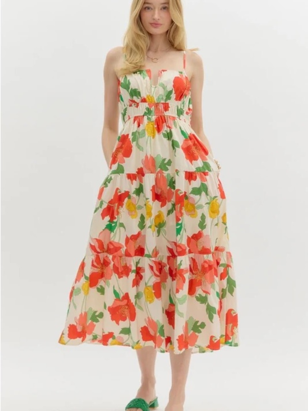 entro Cream Floral Tiered Midi Dress with Red & Yellow Blooms